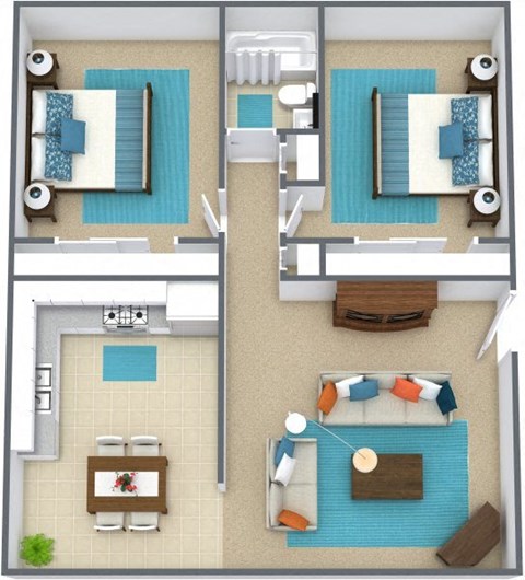 Floor plan for 2 beds, 1 bath, 790 sqft